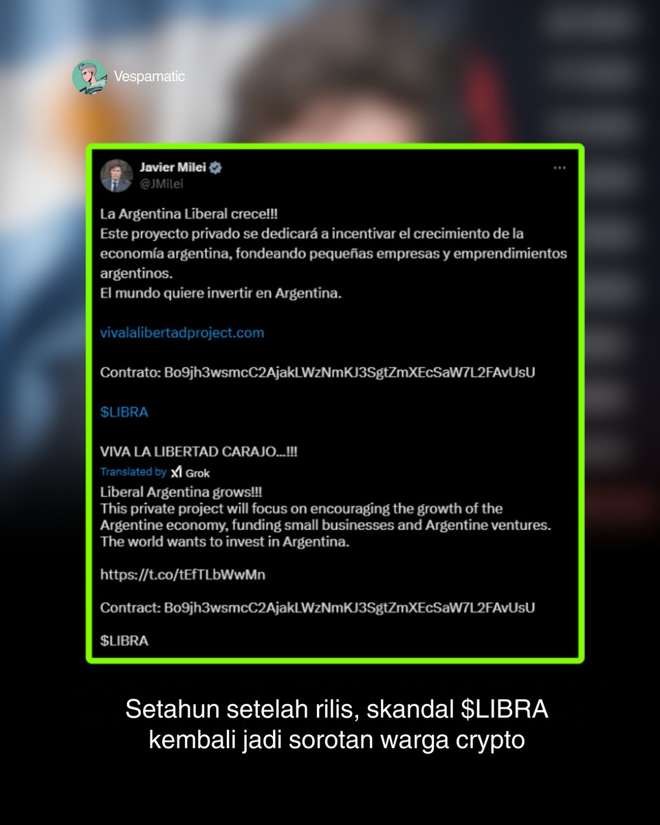 1 TAHUN MENGENANG TOKEN $LIBRA “PROYEK NEGARA” BERUJUNG RUGPULL, KITA BAHAS WHY ?

Setahun setelah rilis, skandal $LIBRA kembali jadi sorotan warga crypto

Awal 2025 Presiden Argentina Javier Milei memperkenalkan Hayden Davis sebagai penasihat blockchain

Tak lama kemudian token