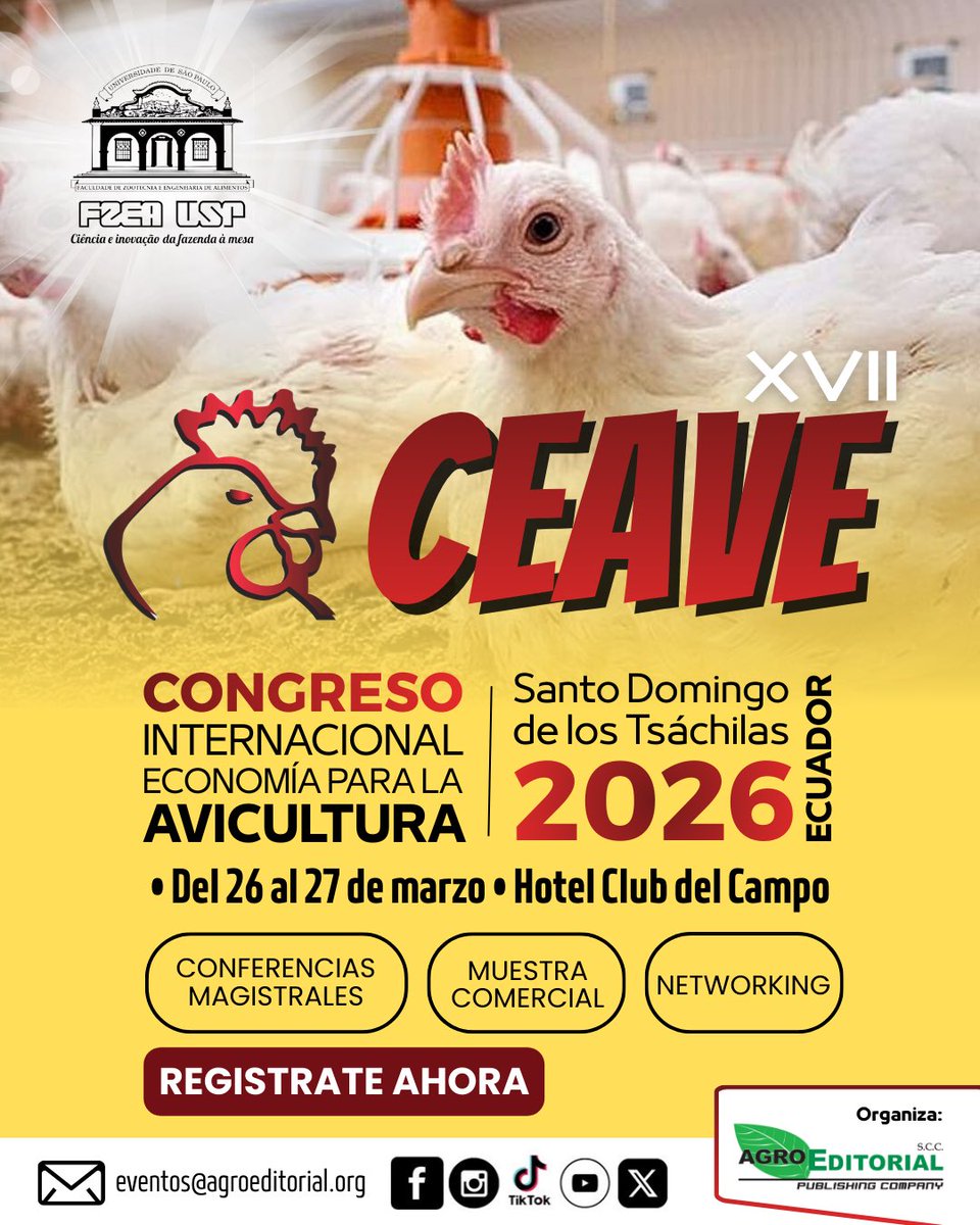 ¡Faltan 40 días para CEAVE 2026! 🐥🎟️
La cuenta regresiva ya comenzó… y con ella, tu oportunidad de prepararte.

📅 26 y 27 de marzo
📍 Santo Domingo de los Tsáchilas – Hotel Club del Campo
👉 Reserva tu entrada: eventos@agroeditorial.org

#CEAVE2026 #AviculturaEcuatoriana