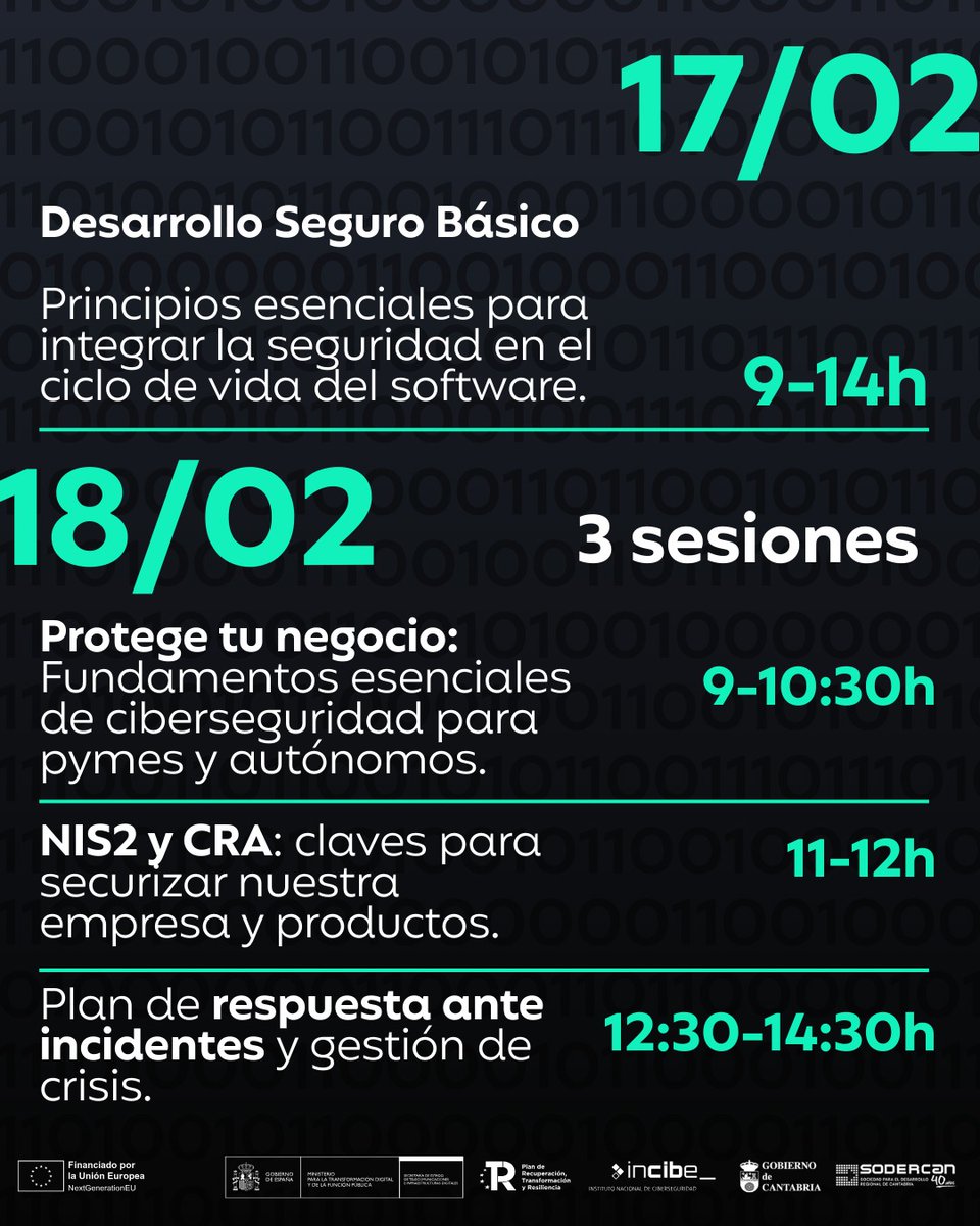 Sodercan's tweet photo. 📅 Próximos eventos en el Centro de Ciberseguridad de Cantabria ¡No te los pierdas!

▪ 17 FEB Desarrollo Seguro Básico

▪ 18 FEB Fundamentos esenciales para pymes · NIS2 y CRA · Gestión de crisis

Inscríbete 👉 https://t.co/LoToQh5Ahe https://t.co/bApGtimmkE