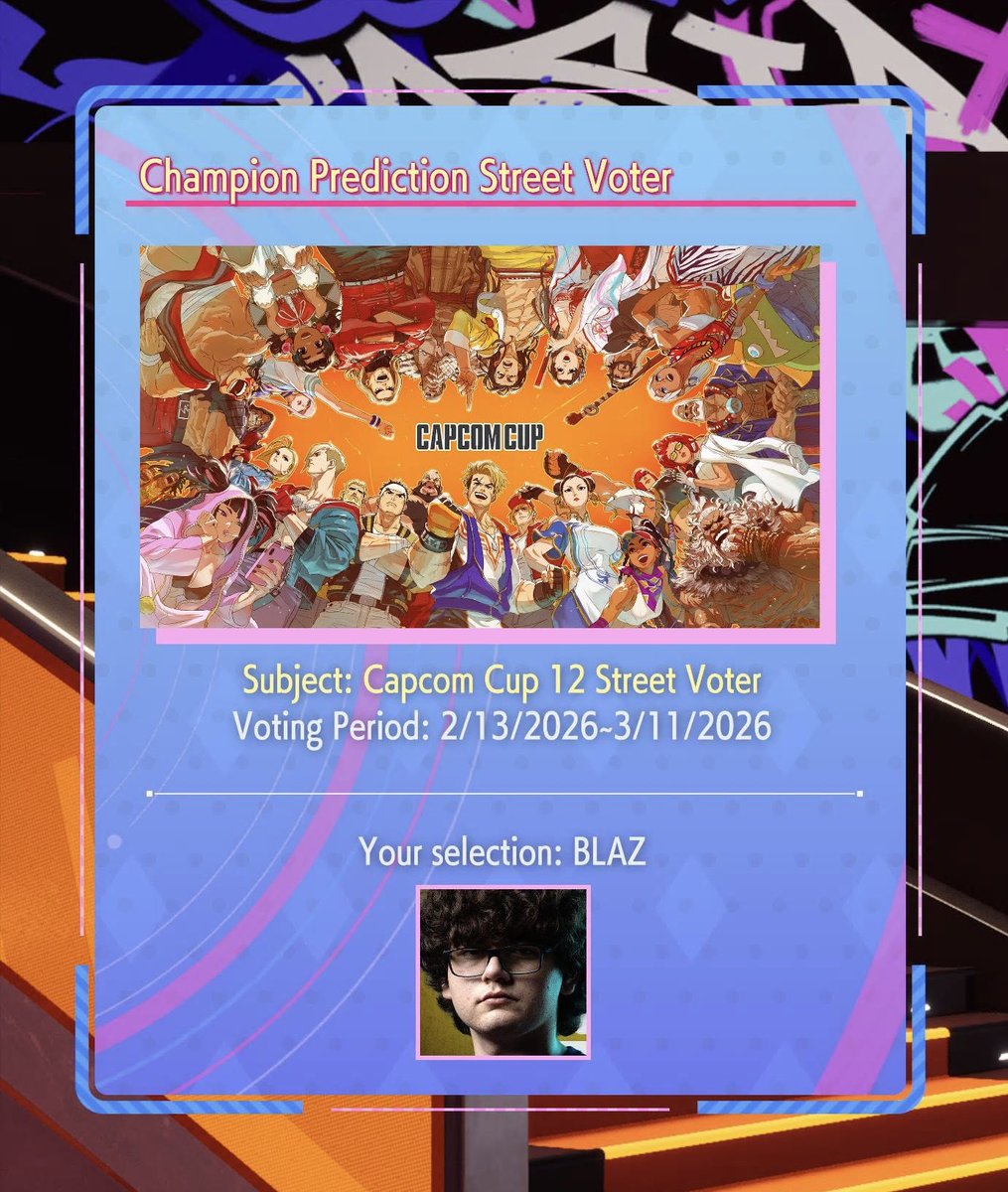 I’ve cast my vote, I’m rooting for <a href="/DerekBlaz11/">2G Blaz</a> to win 2026’s Capcom Cup 12.