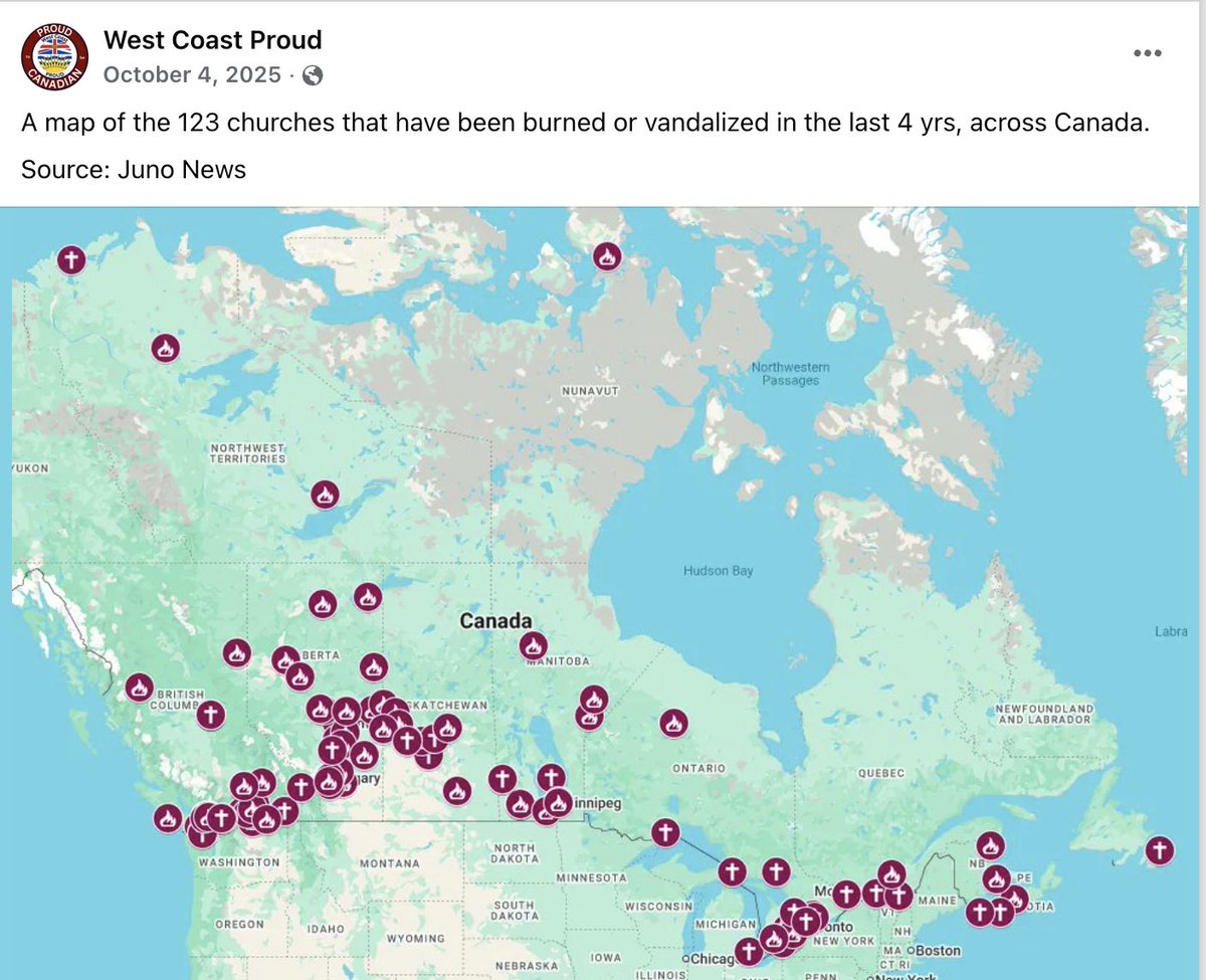 Here's the map of the 120+ churches that have been burned since the false mass graves claim. 

I'll put the interactive map link compiled by Juno News in the comments.
