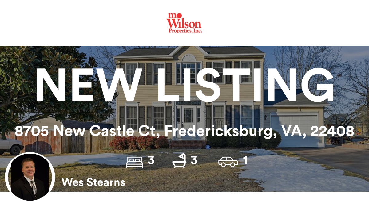 🛌 3 🛀 3 🚘 1
📍 8705 New Castle Ct, Fredericksburg, VA, 22408

My latest listing on RateMyAgent.
VA 0225053331
rma.reviews/y4moediu6i3b

...
#ratemyagent #realestate #MO_Wilson_Properties
