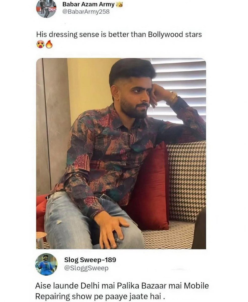 cricbumps's tweet photo. Every time Pakistani listens -

KING BABAR AZAM 👑

Actually it's "GANTE KA" KING BABAR AZAM 

Where GANTE KA remains silent.

So from now whenever you listen or read anywhere KING BABAR AZAM.

Add "GHANTE KA" before that

#INDvsPAK https://t.co/Sw5eC48rcL
