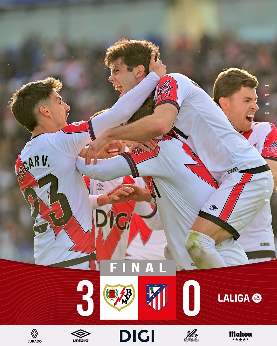 ⚡️ ¡¡¡FINAAAAAAAL DEL PARTIDO!!!

ENORME victoria con goles de Fran Pérez (40'), Óscar Valentín (45') y Mendy (76').

👏 Gracias a todos los rayistas desplazados hasta Leganés.

#RayoAtleti #VamosRayo