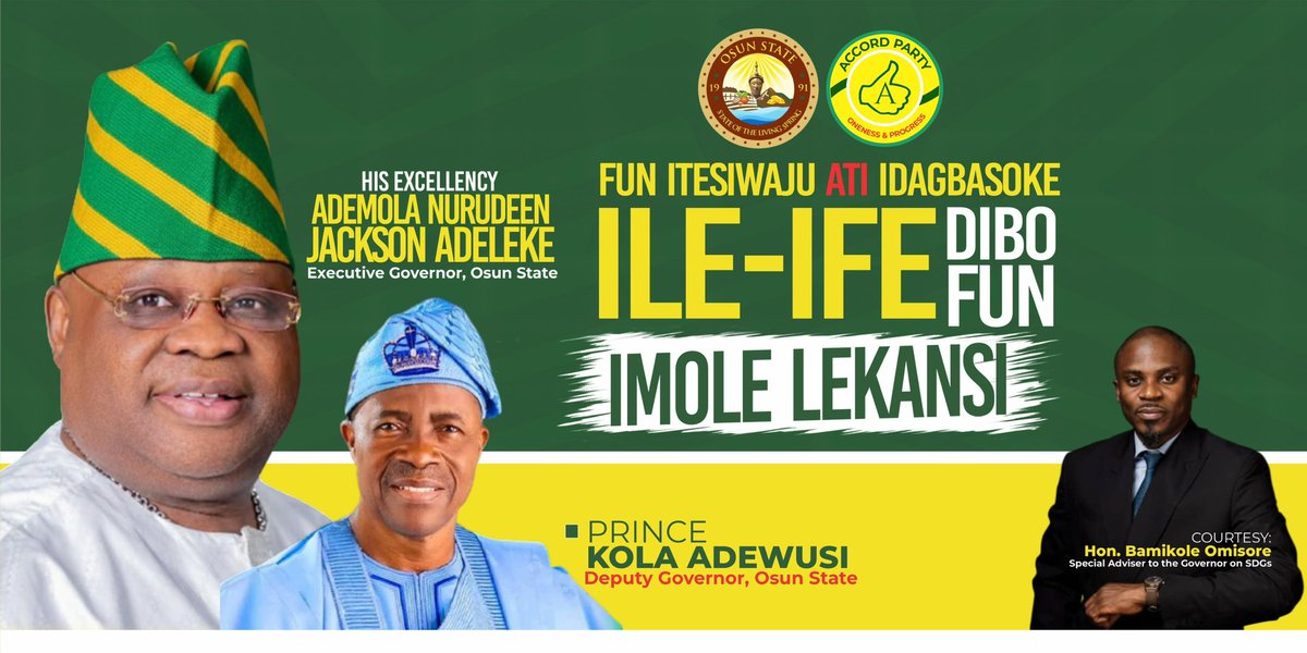MrBanksOmisore's tweet photo. Governor Ademola Adeleke for a 2nd term! The people of Osun have experienced good governance, they won’t settle for less. On August 8th,  Accord will emerge victorious! https://t.co/xA6v3yThZ2