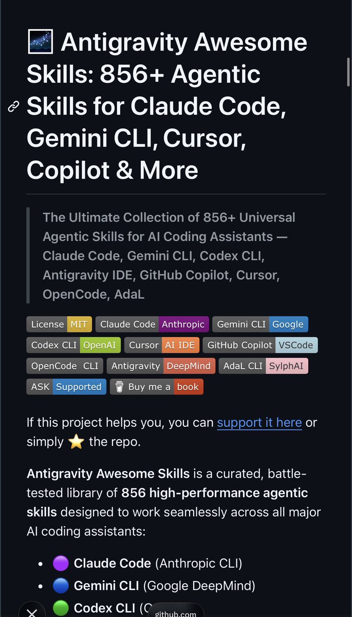 mstf_yldzzz's tweet image. Şöyle bir repo var: antigravity-awesome-skills

Ne bu?
Claude Code, Gemini CLI, Codex, Cursor gibi araçlar için hazırlanmış 800+ hazır AI skill paketi.
Yani tek tek prompt yazmak yerine hazır görev akışlarını kullanıyorsun.

İçeriğinde neler var?
•Debug ve root cause analizi