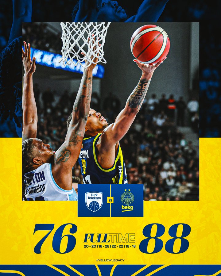 Atina - Ankara rotasından 2 önemli galibiyetle dönüyoruz! 💪 
Tebrikler Fenerbahce Beko! 
 Maç Sonucu | Türk Telekom-Fenerbahçe Beko: 76-88