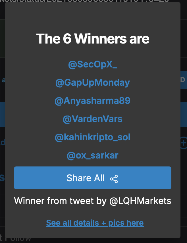 LQHMarkets's tweet photo. Congrats xpickr Winners - built by @xpickr - 
@SecOpX_ 
@GapUpMonday 
@Anyasharma89 
@VardenVars 
@kahinkripto_sol 
@ox_sarkar https://t.co/NYJmfOYX78 #xpickr

Reach out via Discord to claim. https://t.co/vc3pGlW9s2