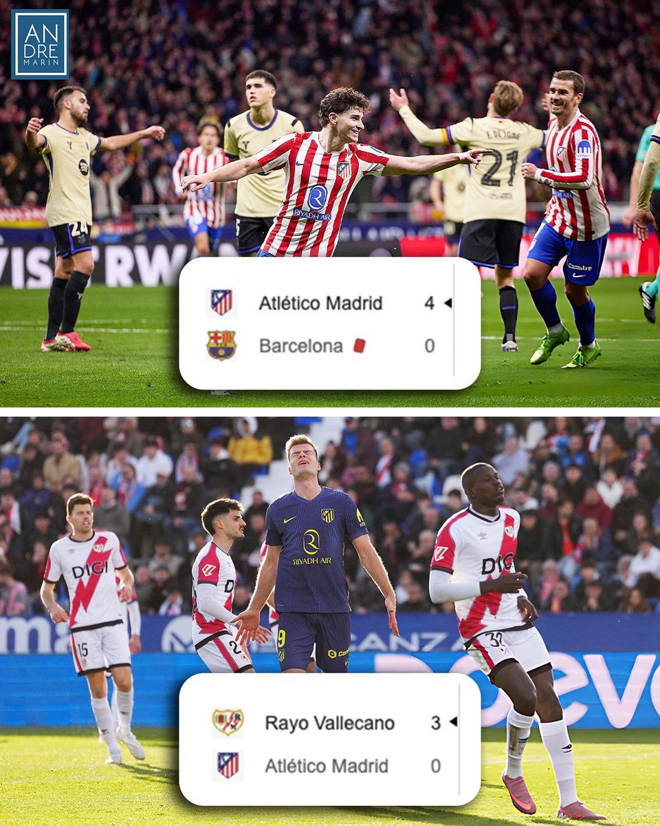 ¡¿PERO QUÉ LE PASÓ AL ATLETI?!

Hace solo 3 días, el mundo entero elogiaba al Atlético de Madrid tras pasarle por encima al Barcelona en la Copa del Rey (4-0).

Hoy en LaLiga, los colchoneros fueron goleados por un Rayo Vallecano que jugó de local sin su afición en un estadio