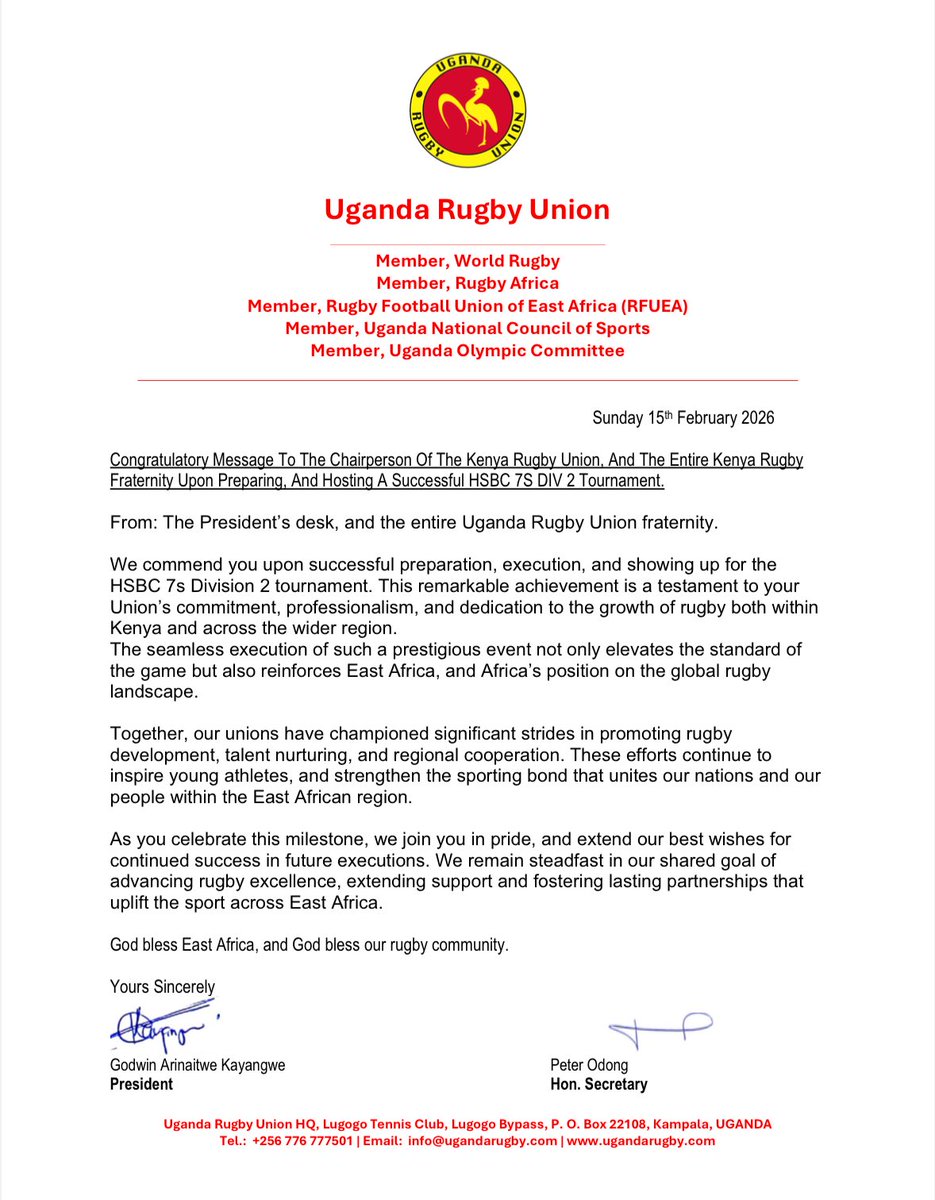 From the President’s Desk.

Congratulatory Message to <a href="/OfficialKRU/">Kenya Rugby</a> upon successfully planning, and executing the HSBC 7s Division 2 Tournament.