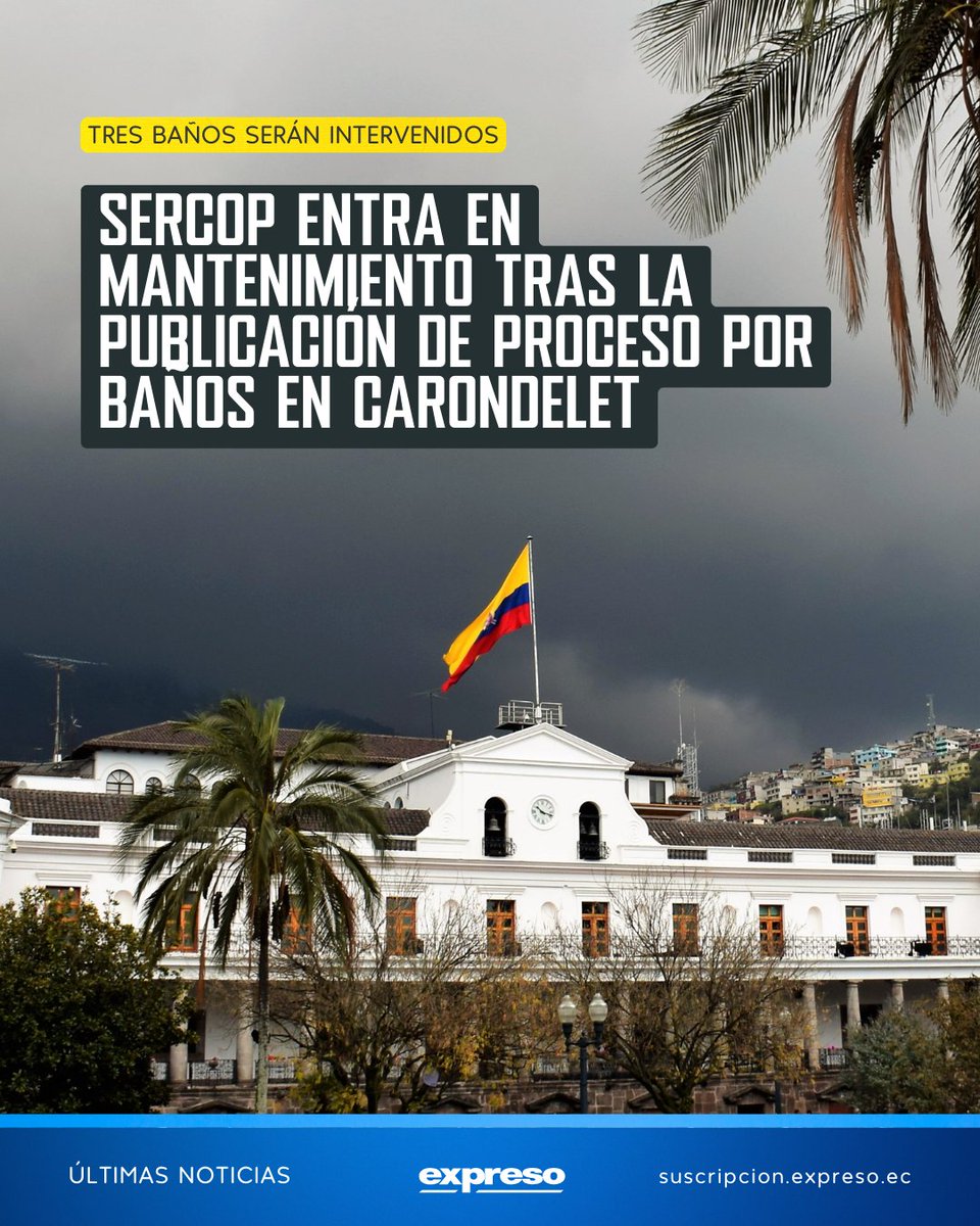 La Presidencia publicó el 27 de enero en el Portal de Compras Públicas un proceso de $113.319,85 para renovar dos baños sociales y uno privado en el Palacio de Carondelet. Tras difundirse, el portal del Sercop entró en mantenimiento y hasta ahora no hay pronunciamiento oficial.