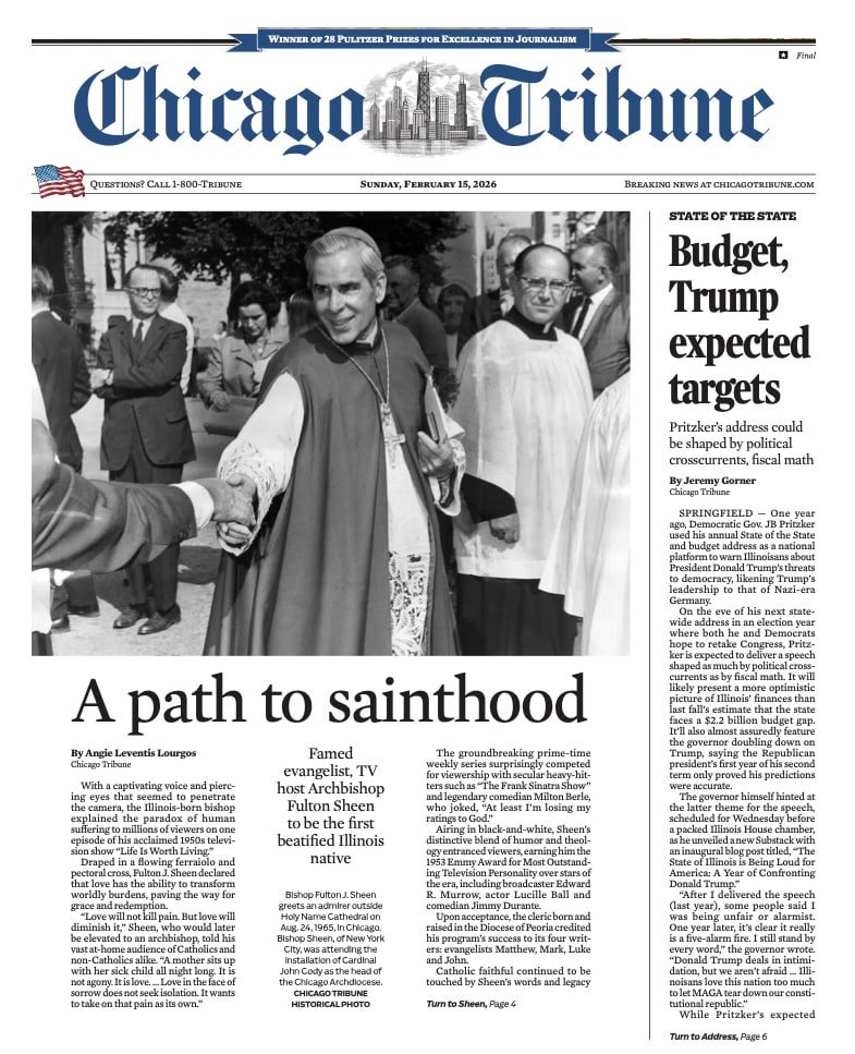 Front page of the Chicago Tribune

The Path to Sainthood of Fulton Sheen