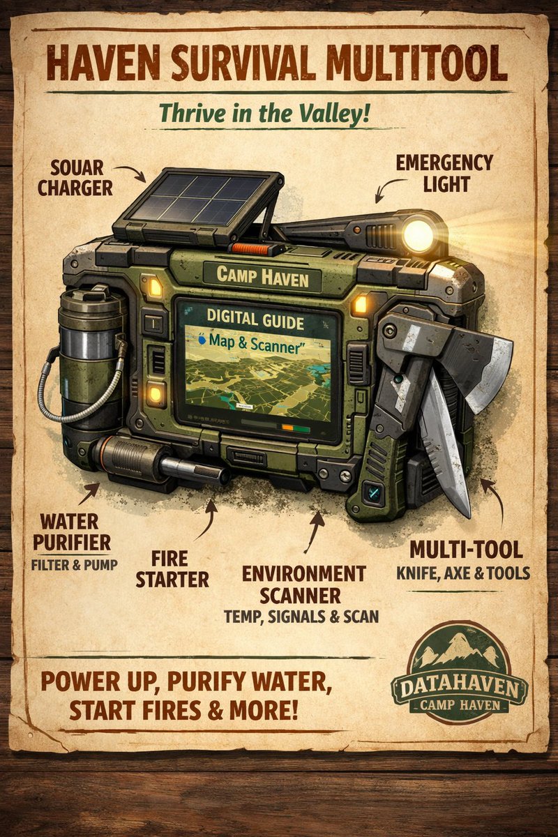 Andrei17017371's tweet photo. Just crafted the Haven Survival Multitool for Camp Haven: solar charger, purifier, fire starter, scanner, and emergency light in one rugged device. Built to keep every camper safe and thriving. 

@DataHaven_xyz Survival Tool https://t.co/ouoMsx9x9D