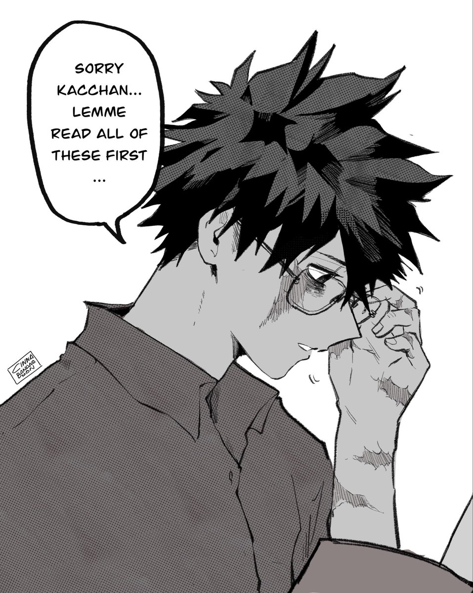 So…. Izuku FINALLY needs to use glasses because his eyes got tired quickly (grading paper, making exam questions and all)
Katsuki managed to witness it first hand one day…
Honestly he kinda likes it (he likes it a lot)