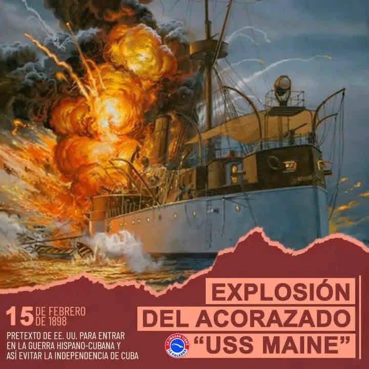 📆 A las 9:40 de la noche del martes 15 de Febrero de 1898 una poderosa explosión destruyó al acorazado estadounidense Maine que se encontraba fondeado en la bahía de La Habana. #SanctiSpíritusEnMarcha
#CubaViveEnSuHistoria