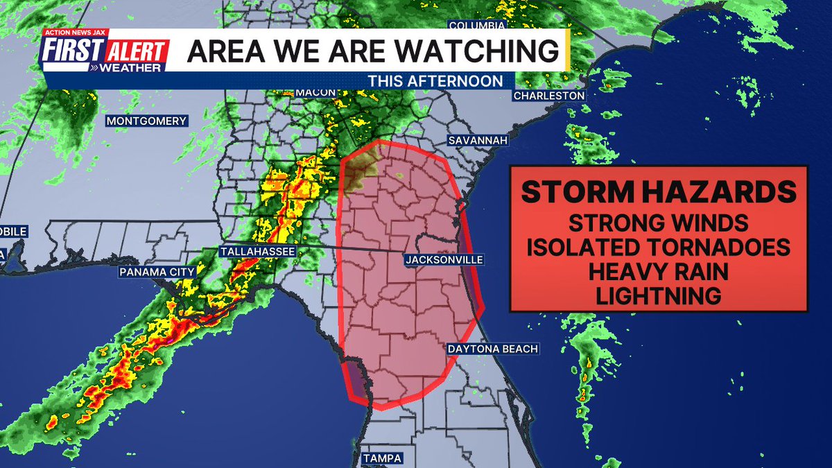 TrevorsWeather's tweet image. Likely to see a #tornado watch across our entire viewing area soon. Forecast remains unchanged. Expect a period of heavy rain, lightning, wind, and a severe storm or two this afternoon/evening. @ActionNewsJax #firstalertwx #flwx #gawx
