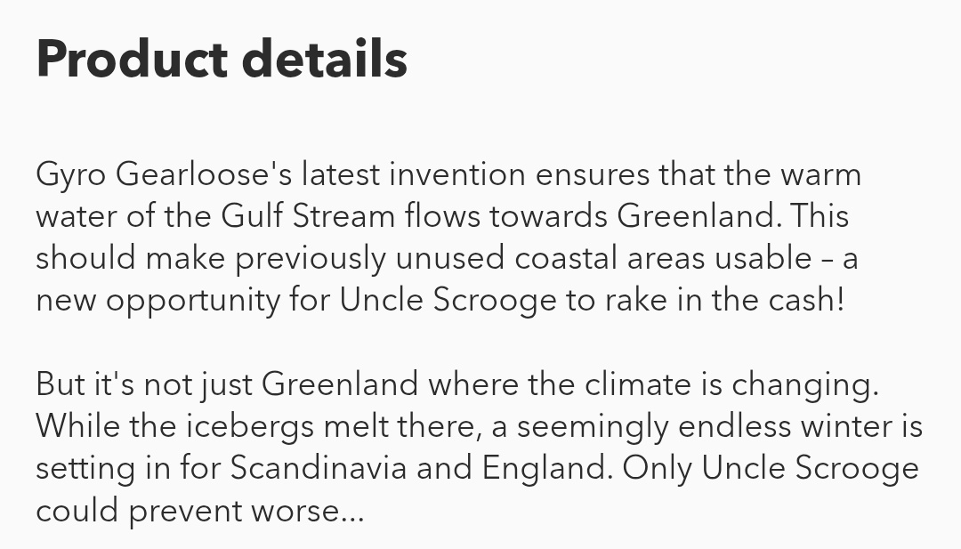 there are european disney publications called "funny pocket books", collections of stories centered mostly around Donald Duck &amp; his cohorts. i had a whole chest full of them as a kid. there was one story called "climate crisis". it was written in 1976(!). here's a short summary: