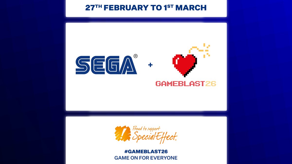 We’re super excited to support #GameBlast26!  

From February 27th to March 1st, the SEGA Stream Team will be fundraising for Special Effect to help make gaming more accessible 🧡

Stay tuned for more details and announcements coming soon 👀