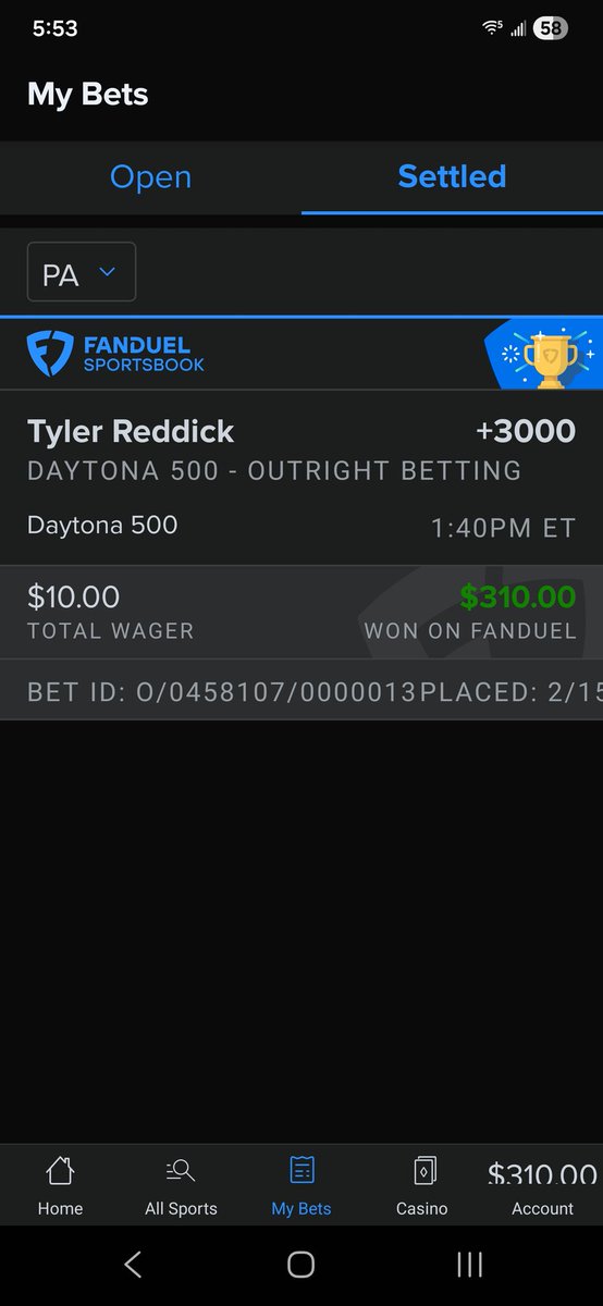 johnz1mm's tweet photo. Don't usually bet on sports but today something in my gut told to me to pick @TylerReddick to win the #Daytona500

Now look at us. Winners 🏆 https://t.co/oZBXmiF9rb