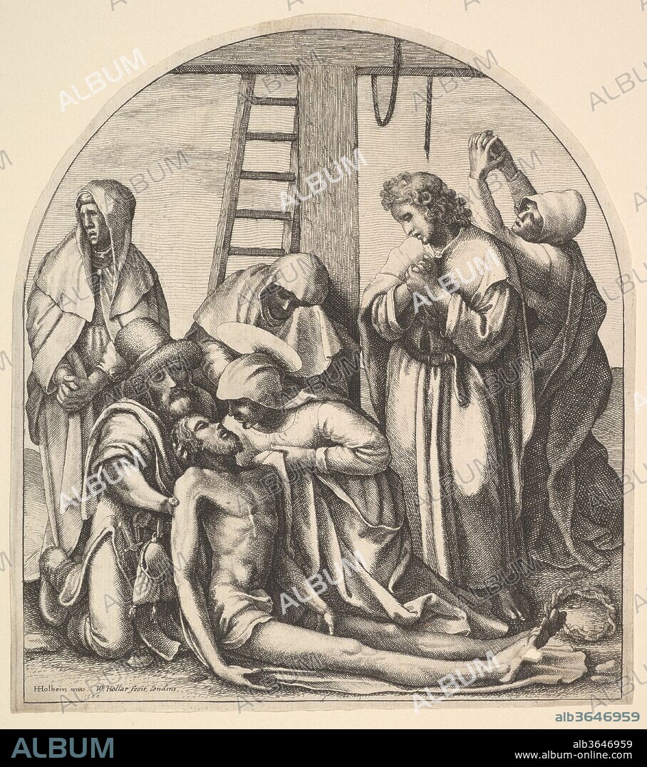 The Descent from the Cross by Hans Holbein the Younger
Date: c. 1521

Depicts the sorrowful scene of taking down Jesus' body from the cross (John 19:38-42).