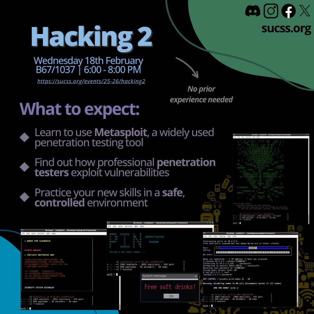 Hacking 2

Note: Though it would be useful, you do not need to have come to Hacking 1 to attend. We will recap the important content from Hacking 1, and committee will be on hand to help.

Prerequisites:
⚠️  If you don't have a Kali virtual machine, see sucss.org/docs/kali-vm/.