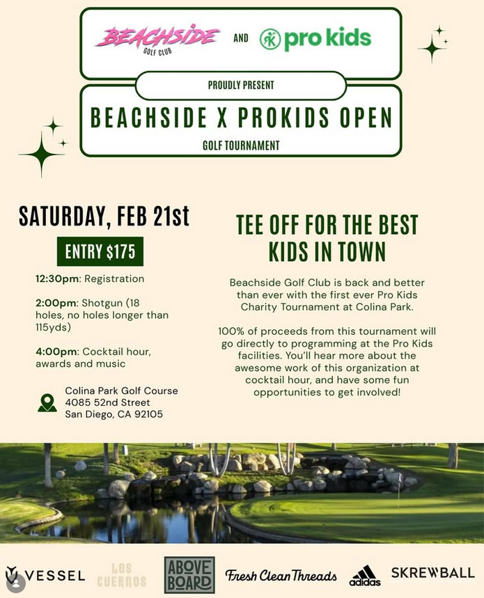 SDgiving's tweet photo. Mark your calendars for our very first Beachside Golf x Pro Kids Open! Join us for a day of great golf, music,  awards, and delicious food. 

📅 Saturday, Feb 21st 
📍Colina Park Golf Course 
🎟 Entry: $175

Space is limited, so reserve your spot now! 💚
https://t.co/lI4jzRC0Bo https://t.co/QC4AmphMHd