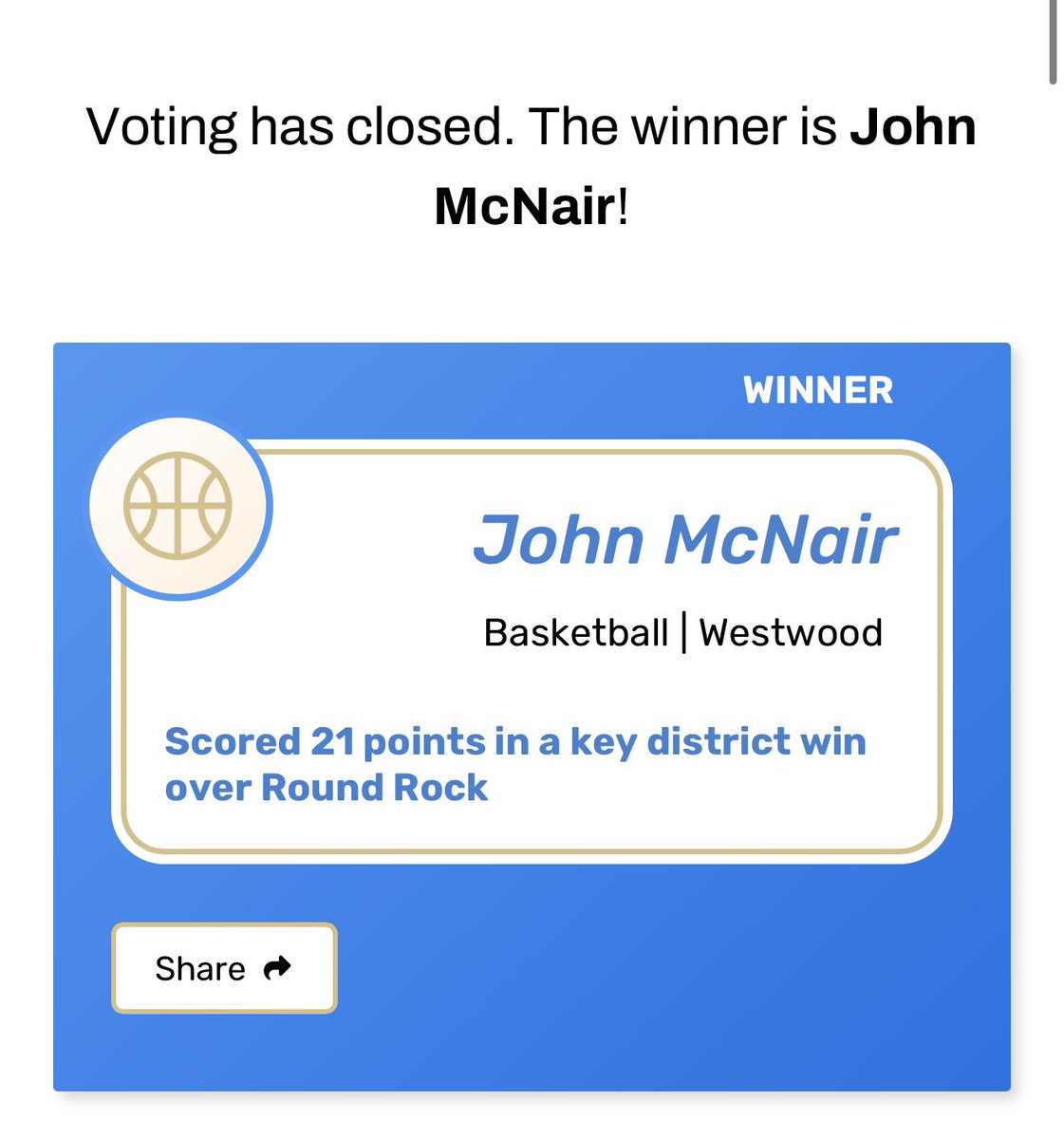 Johnnymickkeyy's tweet photo. Thanks for the Nomination, and thanks to everyone that voted for me! @Westwoodhoop @coachrigney @CoachKen_Smith @statesman https://t.co/BaaRGKRdxX