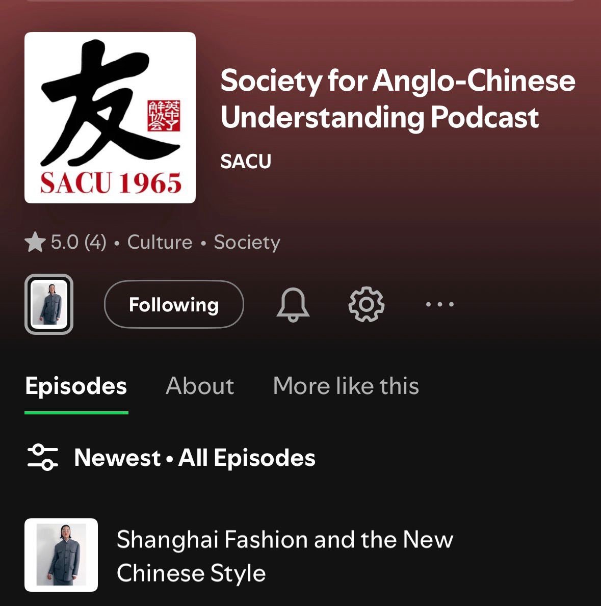 SACUUK's tweet photo. We have launched a podcast! In the first episode, we speak to designers AOYES to learn about the New Chinese Style and the Shanghai fashion scene. 

Search for "Society for Anglo-Chinese Understanding Podcast" on Spotify, YouTube or Apple to listen. https://t.co/N9z6JK7wBT