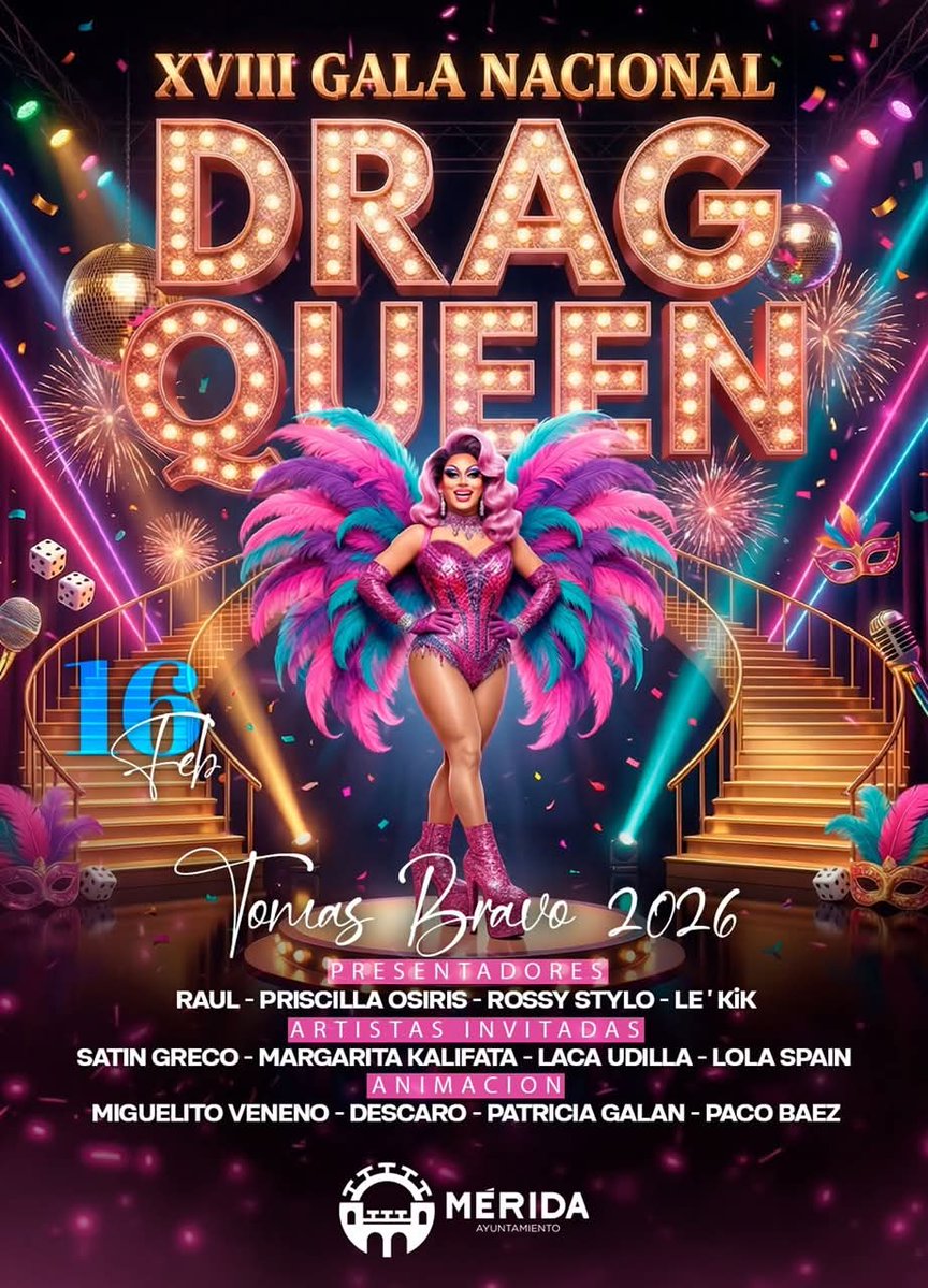 Mañana Lunes 16 A partir d las 21:00 h.  En <a href="/aytomerida/">Ayuntamiento Mérida</a> #Merida  La Plaza de España será el escenario d la XVIII Edición d la Gala Nacional Drag Queen "Tomás Bravo" del #CarnavalRomano 2026 . 
Presentada por <a href="/Raulcantante/">Raul Fuentes Cantant</a> , <a href="/Priscilladrag/">priscilla osiris</a> , #Rossy.stylo #Lekik. 
Entrada gratuita