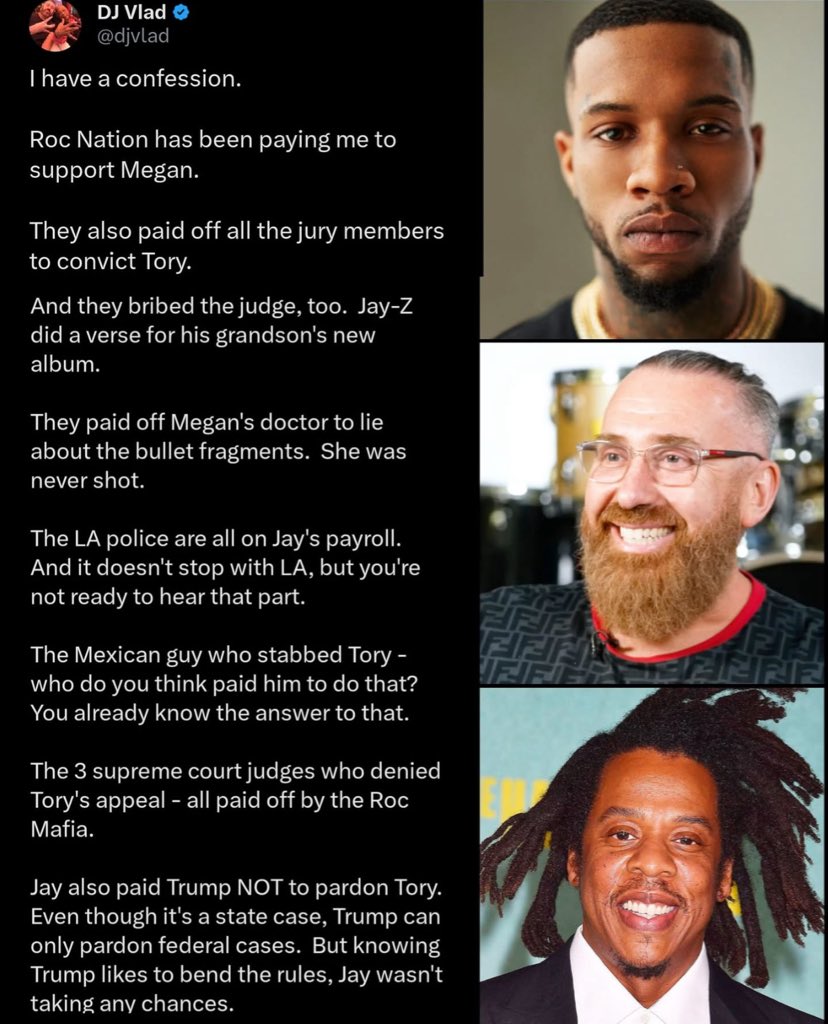 🚨 Breaking News 😳😳😳

DJ Vlad has just called out Jay-Z over the Tory Lanez situation.

What’s your take on DJ Vlad coming for Jay-Z❓