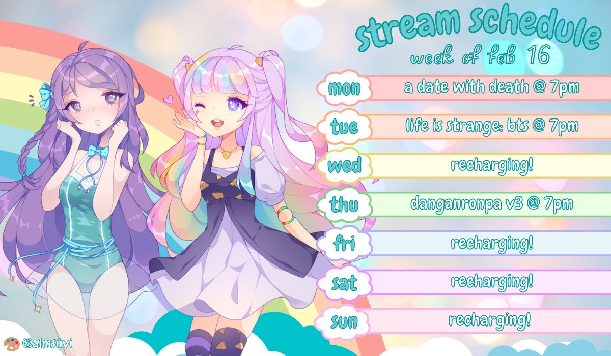 mintkirari's tweet photo. ✨Weekly Schedule✨ 

This Monday we are finishing up our run of A Date with Death before starting Life is Strange: Before the Storm on Tuesday! So excite!!

7pm EST / 6pm CST / 4pm PST https://t.co/cX9avRHeZe