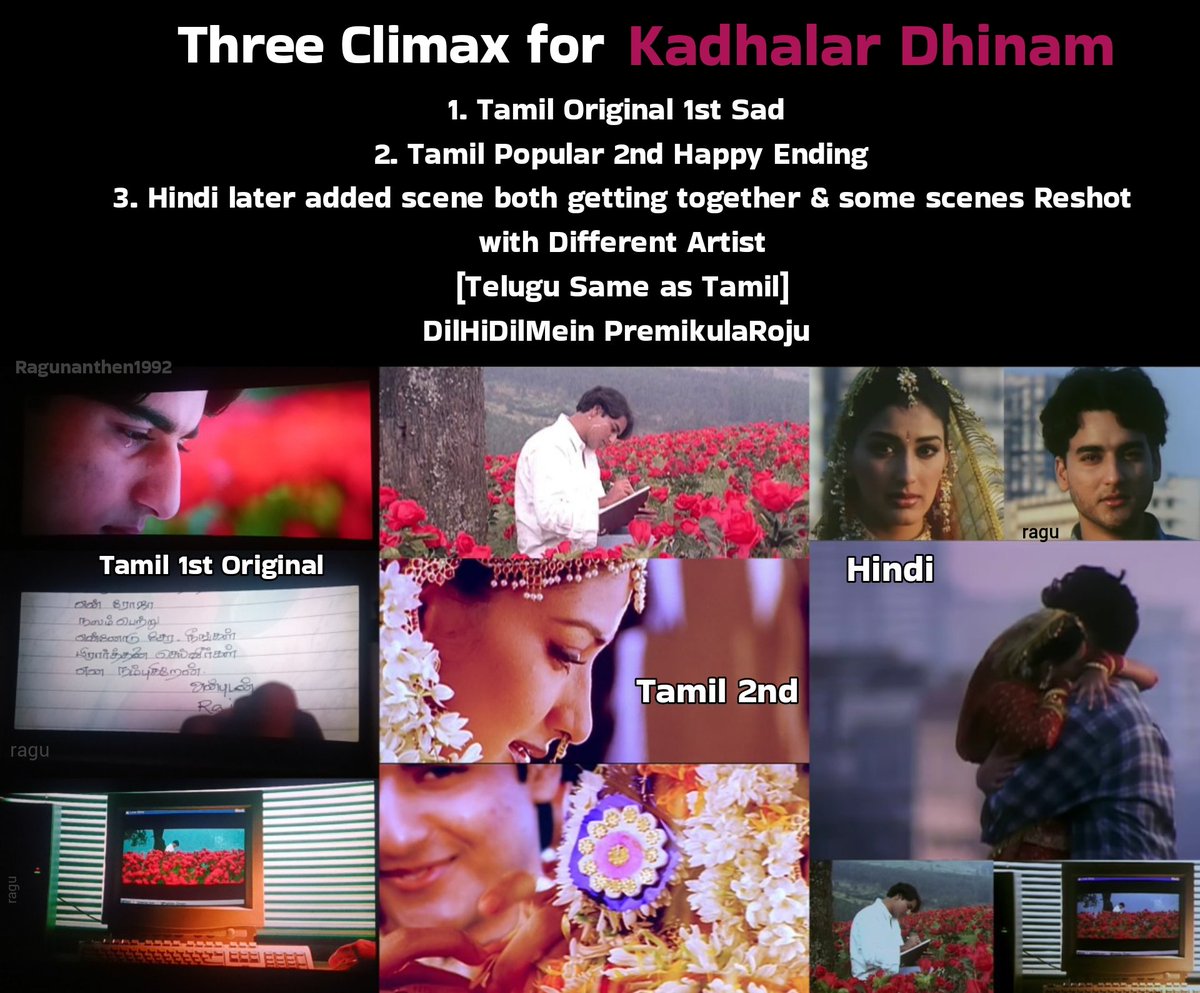 Ragunanthen1992's tweet photo. Three Climax for #KadhalarDhinam
1. Tamil Original 1st Sad 
2. Tamil Popular 2nd Happy Ending
3. Hindi later added scene both getting together & some scenes Reshot with Different Artist

[Telugu Same as Tamil]
#DilHiDilMein #PremikulaRoju 
#SonaliBendre #ARRahman
#Kunal #Kathir @arrahman @iamsonalibendre @kathirfilms @pcsreeram