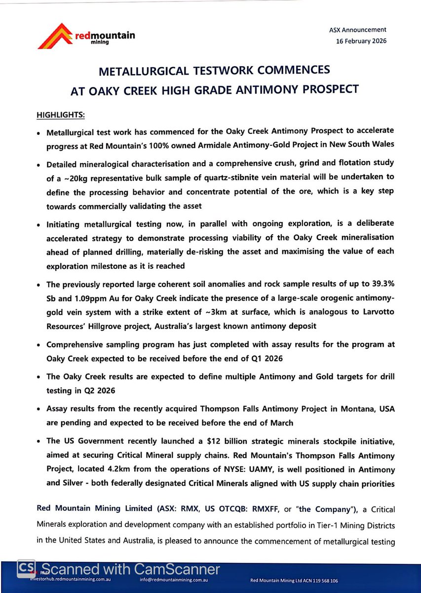 SalvadorMaurice's tweet photo. $RMX

METALLURGICAL TESTWORK COMMENCES AT OAKY CREEK HIGH GRADE #ANTIMONY PROSPECT

Detailed mineralogical characterisation and a comprehensive crush, grind and flotation study of a 20kg representative bulk sample of quartz-#stibnite vein material will be undertaken to define the processing behavior and concentrate potential of the ore, which is a key step towards commercially validating the asset

Initiating metallurgical testing now, in parallel with ongoing exploration, is a deliberate accelerated strategy to demonstrate processing viability of the Oaky Creek mineralisation ahead of planned drilling, materially de-risking the asset and maximising the value of each exploration milestone as it is reached