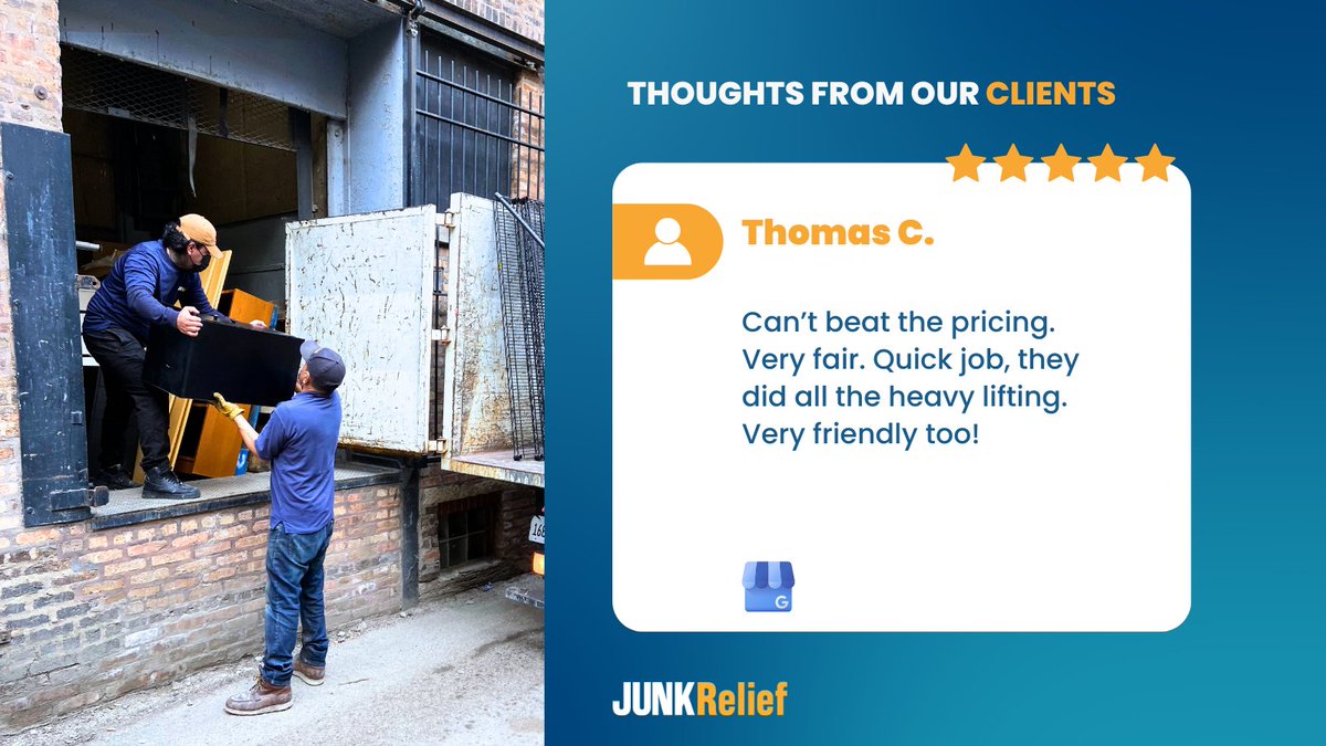 JunkRelief's tweet image. We’re thrilled to hear you were happy with our pricing, speed, and service, and that our team made the job easier for you. Thank you for choosing us! ✨

#junkrelief #chicagohauling #chicagocleanout