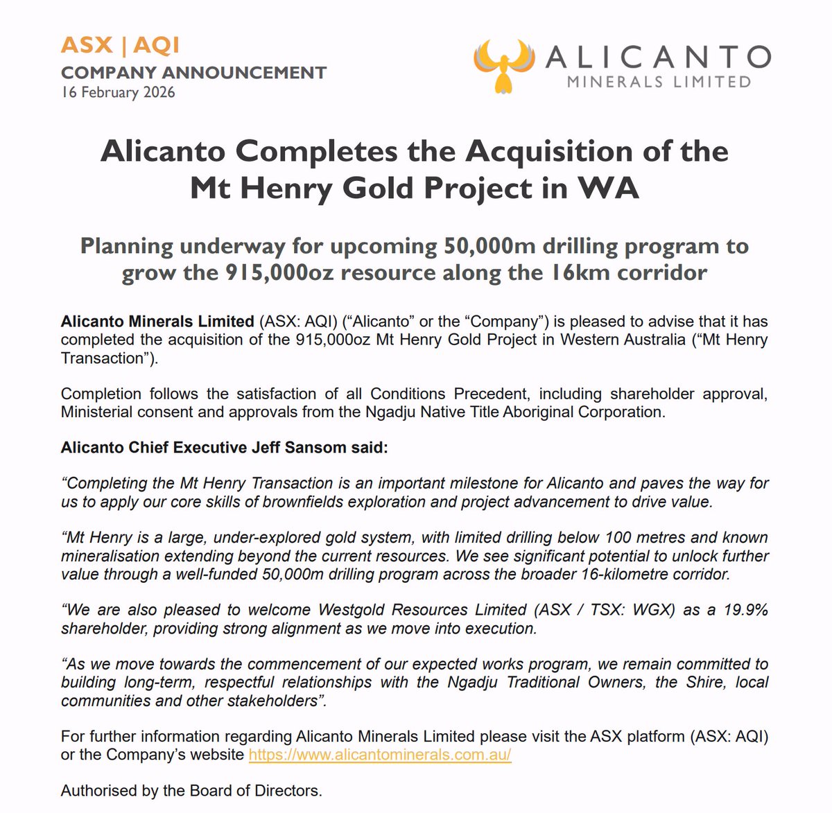 Consolidation complete. 
Acquisition complete. 

50,000m drilling program to follow.