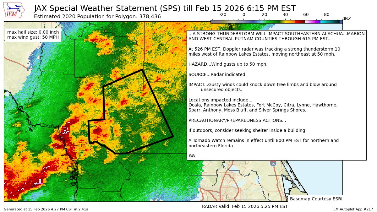 A STRONG THUNDERSTORM WILL IMPACT SOUTHEASTERN ALACHUAMARION AND WEST CENTRAL PUTNAM COUNTIES THROUGH 615 PM EST [wind: 50 MPH, hail: 0.00 IN] for Central Marion, Eastern Alachua, Eastern Marion, Western Alachua, Western Marion, Western Putnam [FL] mesonet.agron.iastate.edu/p.php?pid=2026…