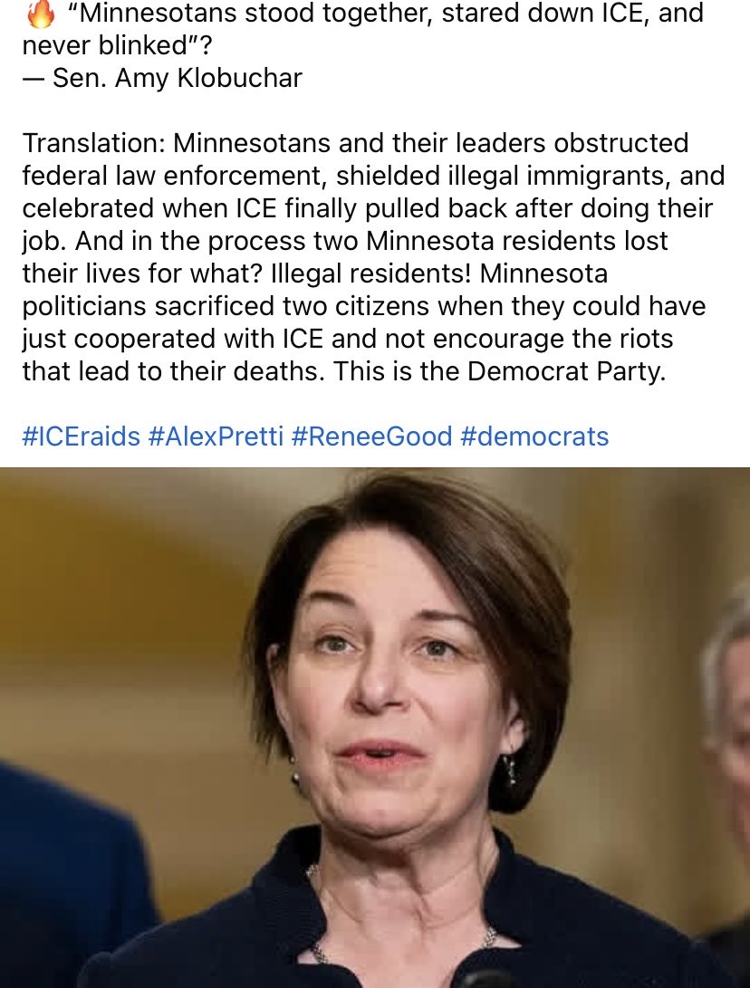 <a href="/amyklobuchar/">Amy Klobuchar</a> <a href="/amyklobuchar/">Amy Klobuchar</a> got 2 American citizens killed with her lies and rhetoric about our federal government and agents and tried to keep illegal aliens in MN that have murdered, raped and sexually assaulted children and she tried to stop ICE from rescuing 3,300 missing migrant children