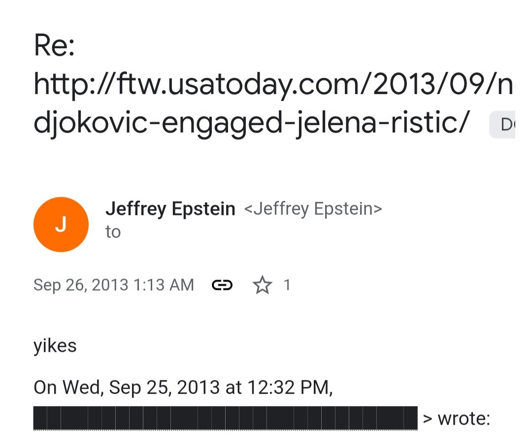 _Ubicoid's tweet photo. ali sto je neko Epstinu prosledio link clanka za Djokovicevu veridbu sa Jelenom i ovaj odgovorio "yikes" 🙃 https://t.co/pJpCMWy9GU