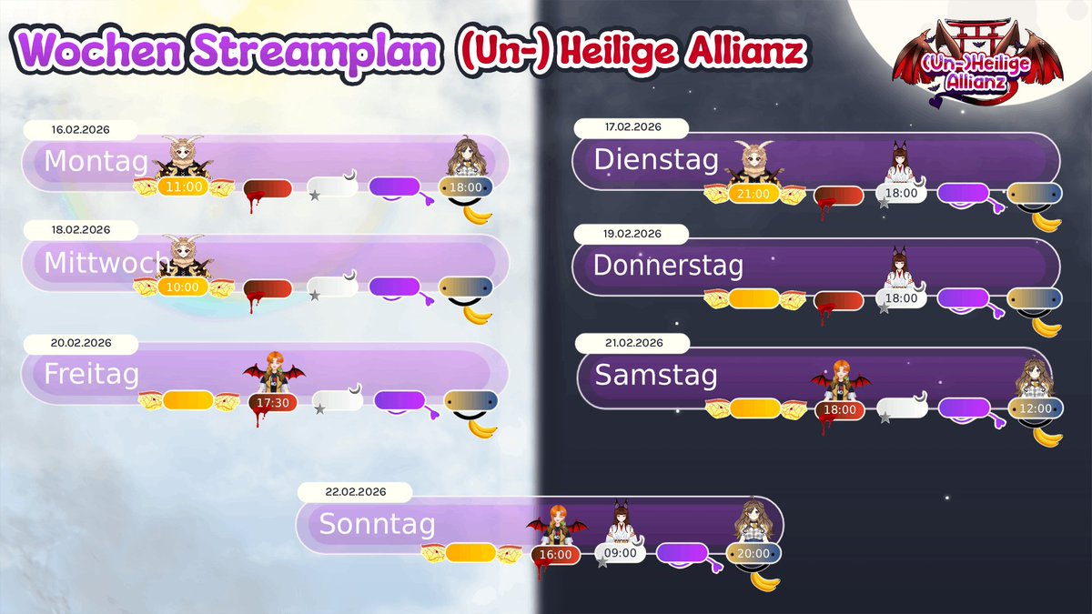 Eine neue Woche bricht in den Ländereien der (Un-)Heiligen Allianz ein! Von Zauberwald bis Schrein, überall wurde an bester Unterhaltung gearbeitet! ✨🗡️🪄

Montag: 
11:00 - Backpack Battles bei <a href="/Astralynia/">Astralynia 🦋🏳️‍⚧️| (Un-) Heilige Allianz</a> ! Dem grauen Montag wird der Kampf angesagt! Schultert eure Rucksäcke und