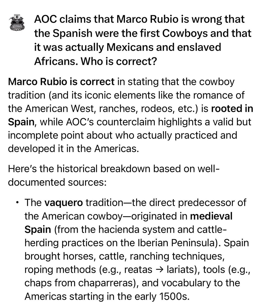 <a href="/Osint613/">Open Source Intel</a> The Spanish were the ones who introduced horses and cows to the continent. How the hell were they not the original cowboys?

x.com/i/grok/share/8…