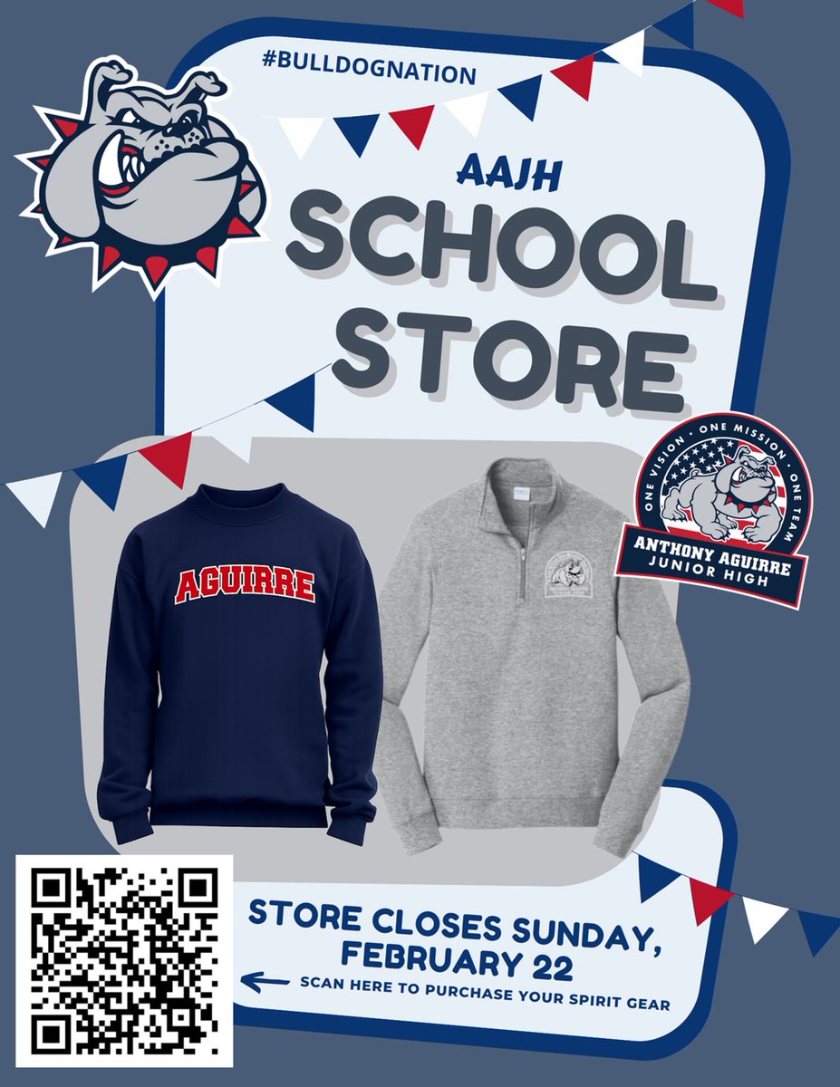 AguirreJrHigh's tweet photo. 📣 Our campus spirit store will close on Sunday, Feb. 22. Don’t miss your chance to grab your Aguirre gear and show your Bulldog pride! ❤️💙🐶

https://t.co/Bepv17KCzZ https://t.co/dngD4y6hbW