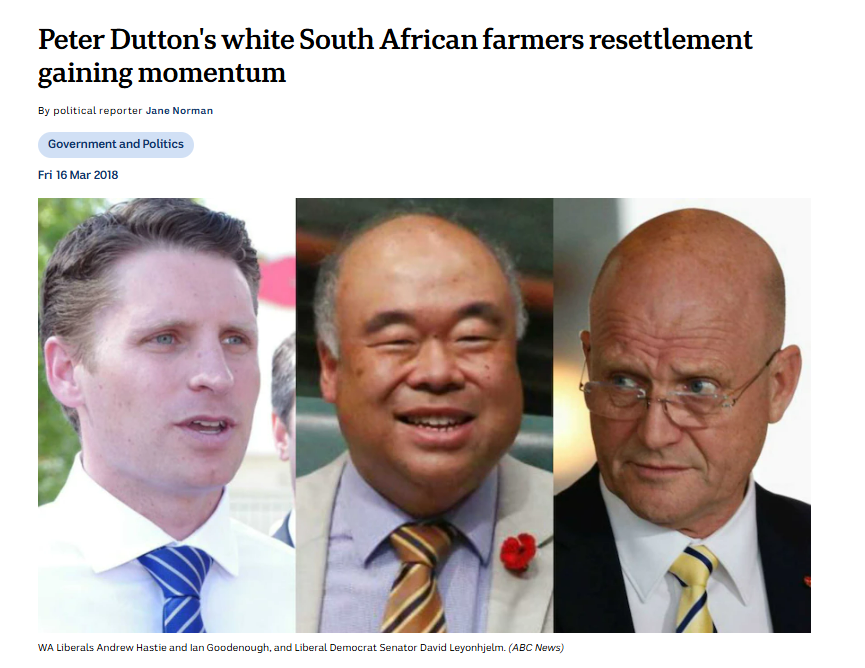 anonymous_julie's tweet photo. Don't be surprised if Liberals [like Dutton &amp; Hastie] won't play the same 'good migration' trick, the lie that white South African farmers were being attacked and having land taken by force, listen to BBC real story. 

#LNPLiars
https://t.co/XcYMM4o58I https://t.co/kZEZxpB3W8