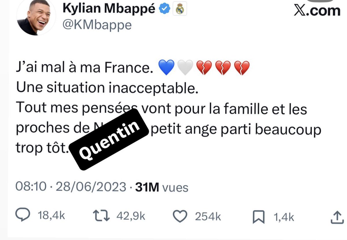 Ni <a href="/KMbappe/">Kylian Mbappé</a> ni <a href="/OmarSy/">Omar Sy</a> n’ont de pensées pour Quentin.

Aux députés nous demandons une minute de silence à l’Assemblée Nationale  pour Quentin.