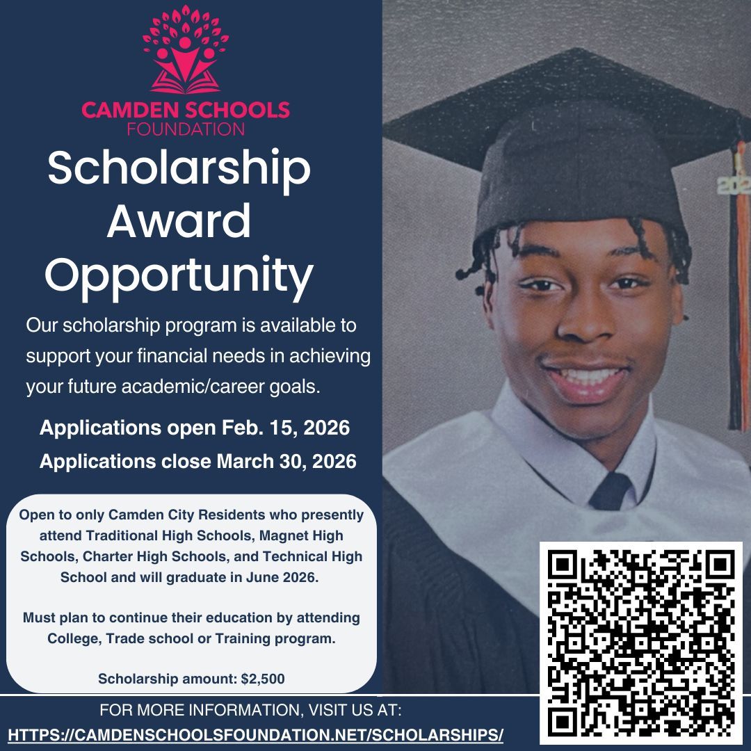 CamdenSchFdn's tweet photo. Our 2026 Scholarship Applications are now open until March 30th!

Open to only Camden City Residents will graduate in June 2026.

Link to Scholarship Application: https://t.co/kFQE9C0r6a https://t.co/GNvd0GgR20