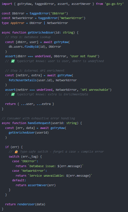 solinvictvs's tweet photo. 🚀 go-go-try v7.3.0 is out with assert and assertNever helpers!
https://t.co/1wDVd3dOri
#typescript #javascript #errorhandling #golang https://t.co/Dy02vZqlkR