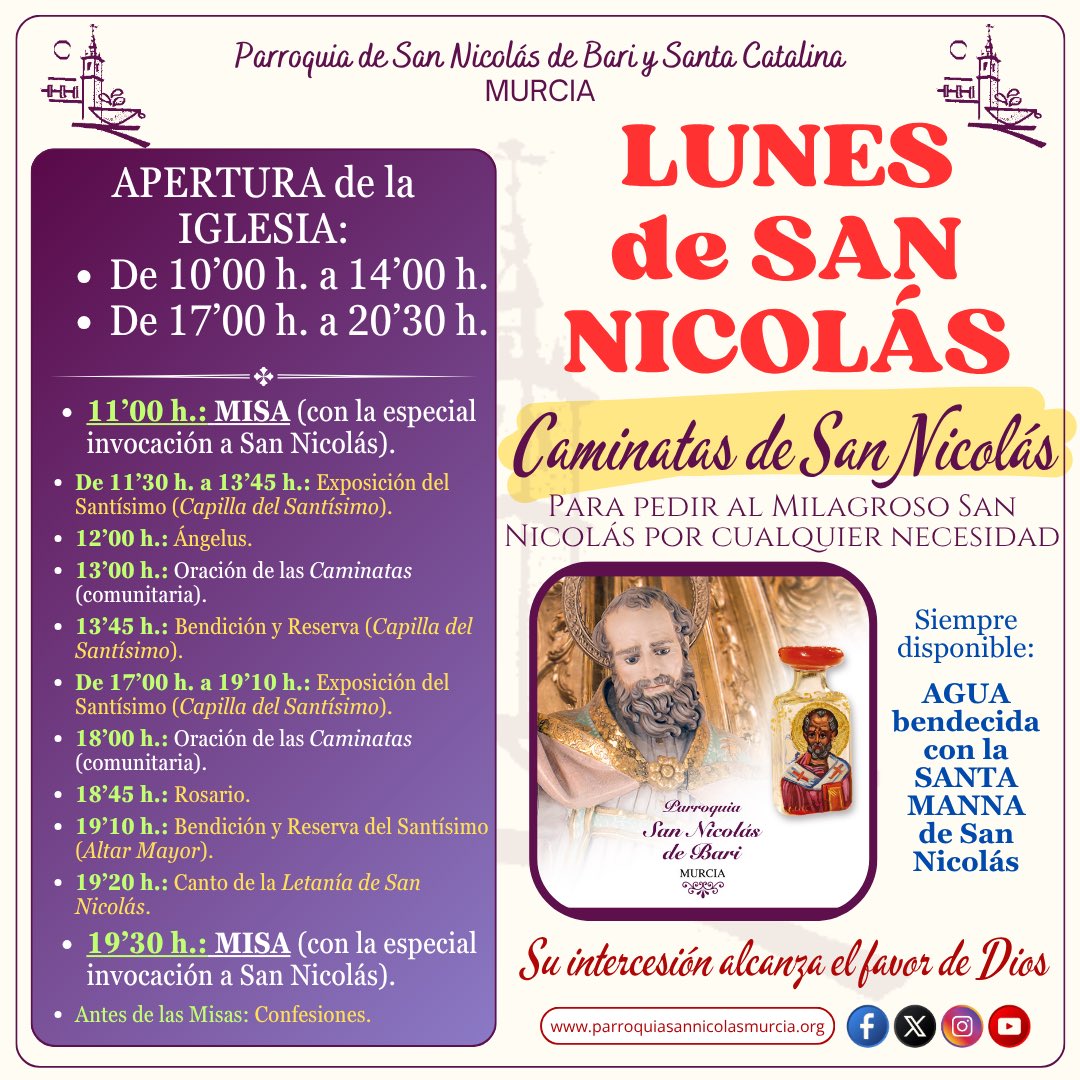 HORARIO de TODOS los LUNES en nuestra Parroquia de San Nicolás.⬇️

El Lunes es el día dedicado a las CAMINATAS DE SAN NICOLÁS.

No dudes en encomendarte a él.🙏🏻

#SantaManna 
#CaminatasDeSanNicolás 
#LunesDeSanNicolás 
#SanNicolásDeBari 
#SanNicolásMurcia 
#Murcia