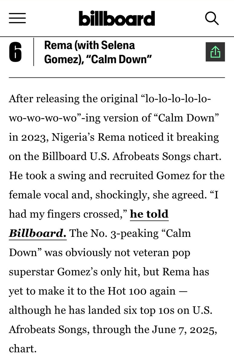 Billboard names Rema among “The 25 Biggest One-Hit Wonders of the 21st Century” in a recent feature..