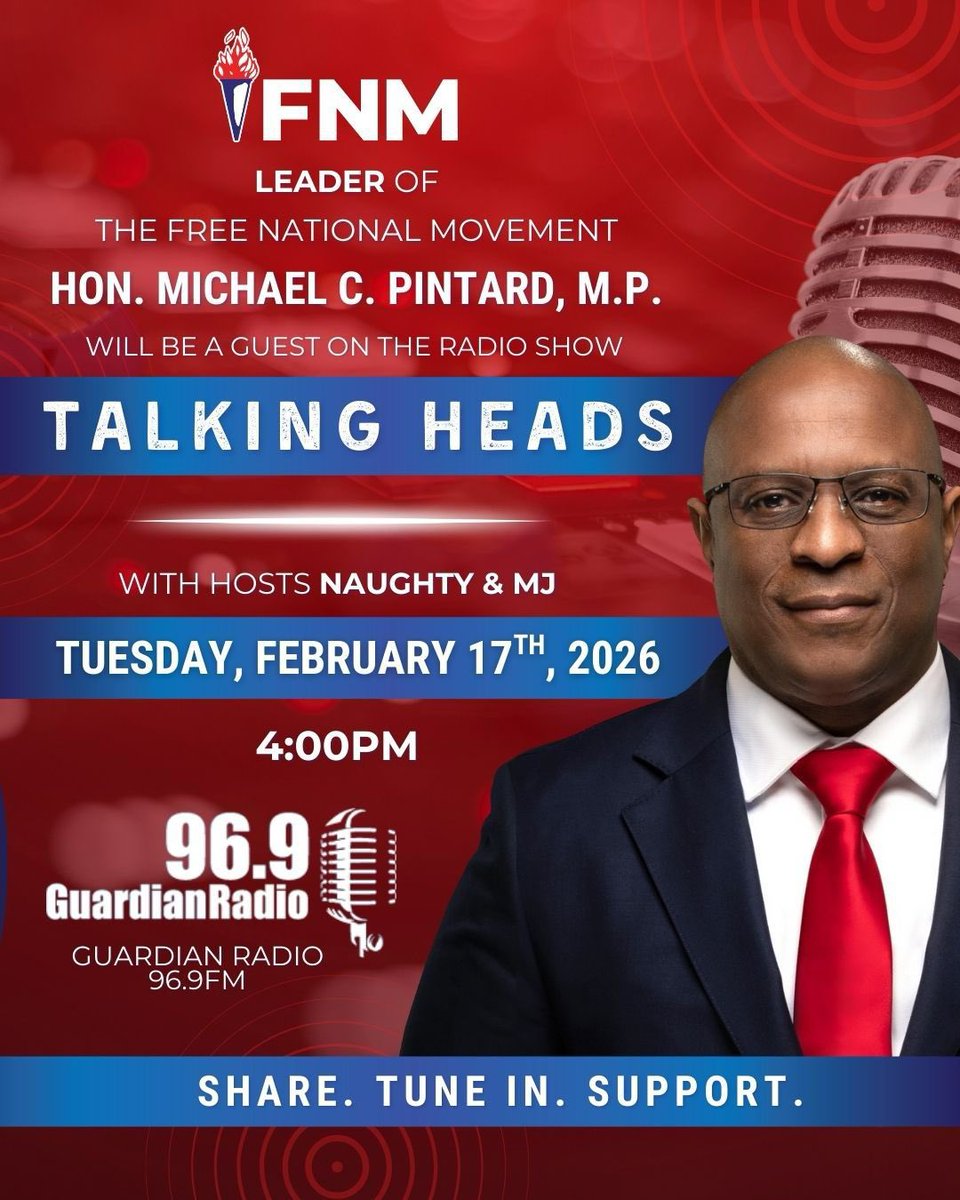 Our Leader, the Hon. Michael C. Pintard, will be bringing all the heat on “Talking Heads” radio show this Tuesday, February 17th, 2026 at 4:00PM! 🗣️🔥

Tell a friend, text a friend - this is gonna be good! 👀

#WeWorkForYou #FNM2026 #MoreFire #FNM
