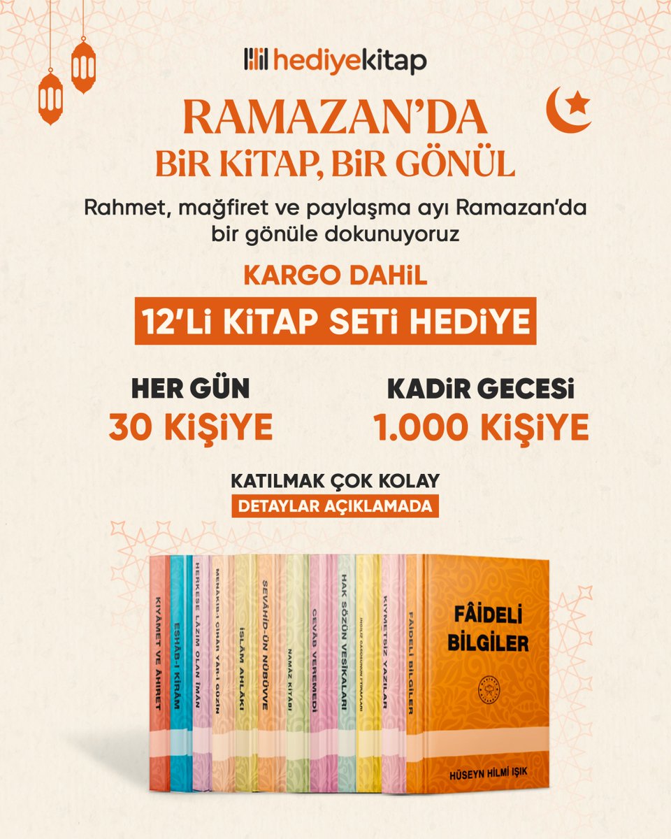 hediyekitapcom's tweet photo. RAMAZAN-I ŞERİF HEDİYE ÇEKİLİŞİ

Ramazan boyunca her gün 30 kişiye 12’li kitap seti hediye.
Kadir Gecesi’nde ise 1.000 kişiye 12’li set!
Katılım:
• Gönderiyi beğen
• 2 arkadaş etiketle
• Forma katıl: https://t.co/VWqgRNwQE1

Kargo dahil, Türkiye geneli.
Hayırlı Ramazanlar https://t.co/nZkjJGZruW