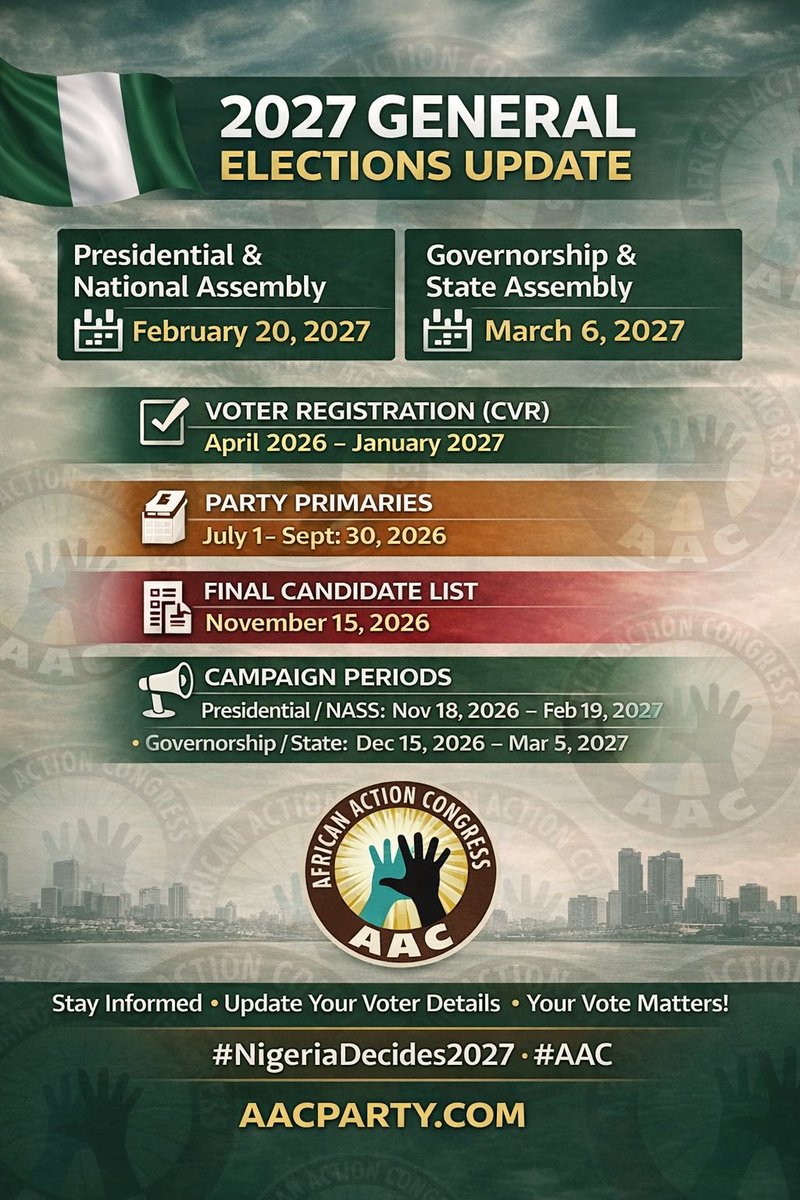"Your Voter's Card is your power!
Check out the timeline for the 2027 elections. Continuous Voter Registration (CVR) starts in just a few months. Don't be left out! Become a member of the AAC by visiting: 
aacparty.com
#RegisterToVote #Nigeria2027 #OrganizeWithSowore